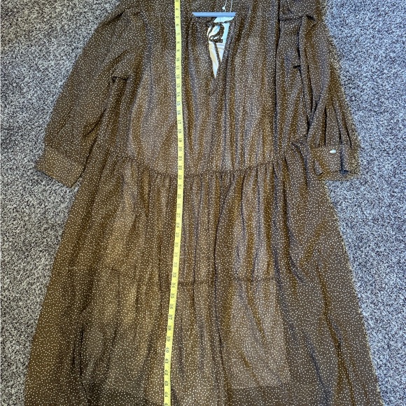 Vince Dot Shirred Semi Sheer Long Sleeve Elegant Brown Midi Dress, size 3X, NWTS - Picture 12 of 15
